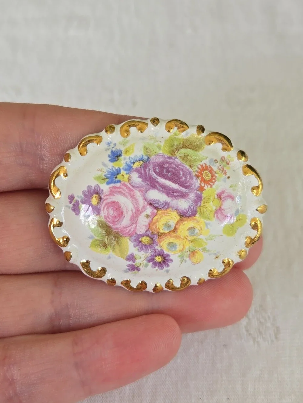 Vintage Gold-Trim Floral Porcelain Brooch with Pink & Purple Roses